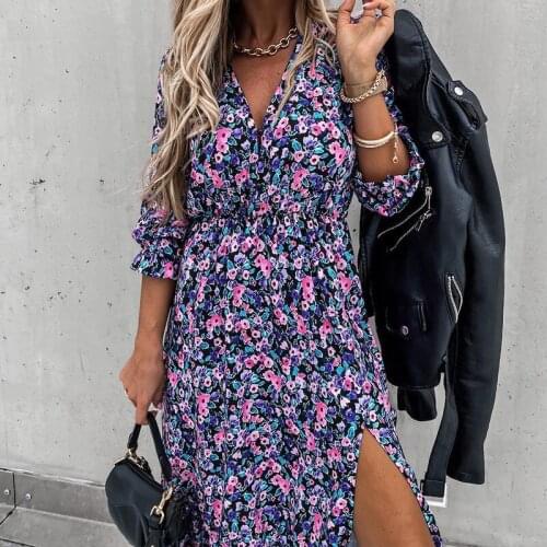 Autumn Womens V-neck Long Floral Dress Slim Long