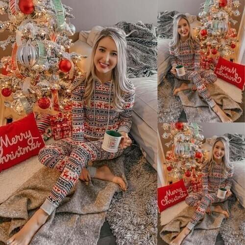 Autumn and Winter New Women Fashion Reindeer Print Long-sleeved Trousers V-neck Hooded Casual Christmas Suit Christmas Pajamas
