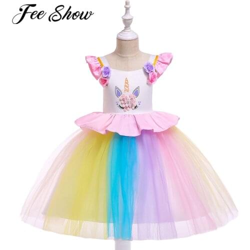 Little Girls Cosplay Dresses Cartoon Horse Printed Princess Dress with 3D Flowers Childrens Rolplay Costume Kids Party Dressy