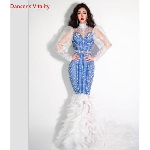 Sparkling rhinestone pearl feather long tail dress women birthday celebration dress prom dancer performance dress