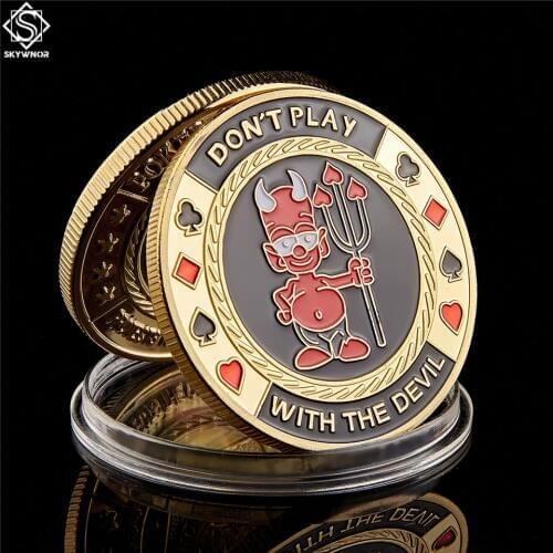Poker Chip Don't Play with The Devil" Casino Challenge Metal Coin Plated Gold Poker Card Guard With Coin Capsule