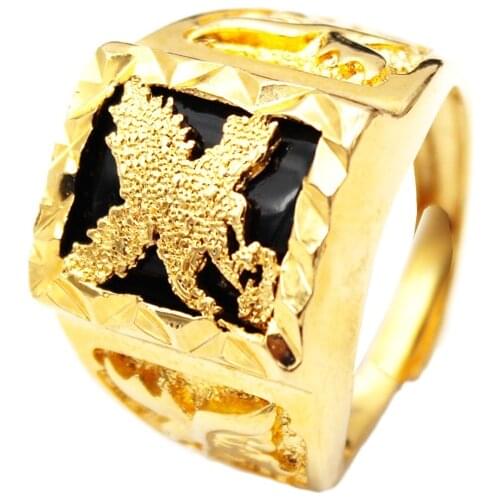 Luxury Gold Color Eagle Men Ring Black Stone Husband Wedding Party Ring Birthday Gift Fashion Jewelry Resizable To 7-11