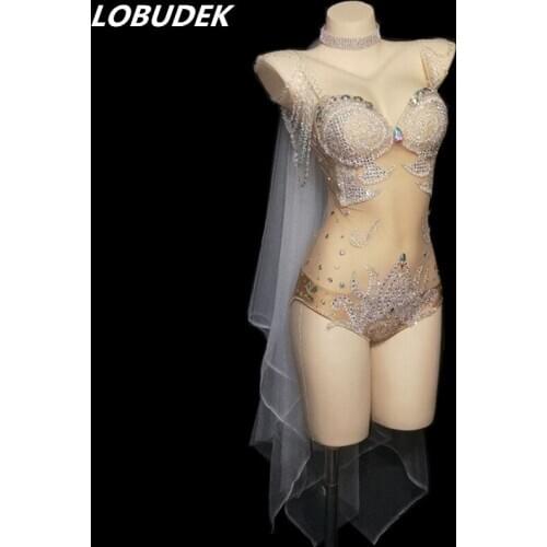 Silver Rhinestones Pearl Transparent Nude Sling Bodysuit Sexy Singer Dance Team DJ Show Costume Nightclub Bar Leotard Stage Wear