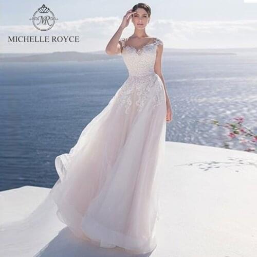 Michelle Royce A-Ling Wedding Dresses 2020 Sweetheart Off The Shoulder Appliques Button Chapel Train Bridal Vestido De Noiva