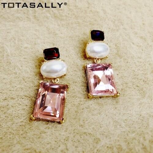 TOTASALLY Luxury Geometric Pink Crystal Earrings for Women Imitation Stone Simulated Pearl Statement Earring Gifts Dropship