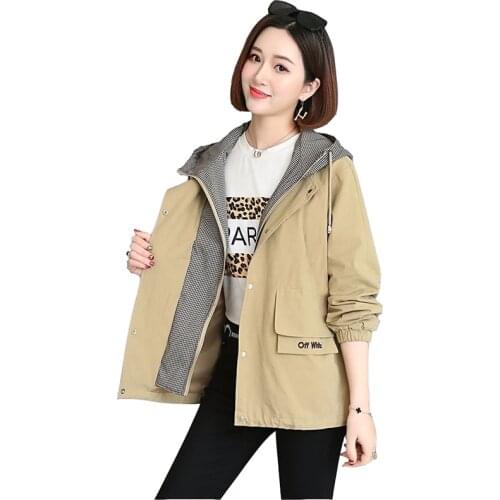 2021 Fashion Women Spring Autumn Short Coat Hooded Trench Coat Plus Size Loose Tooling Tops Letter Embroidery Windbreaker
