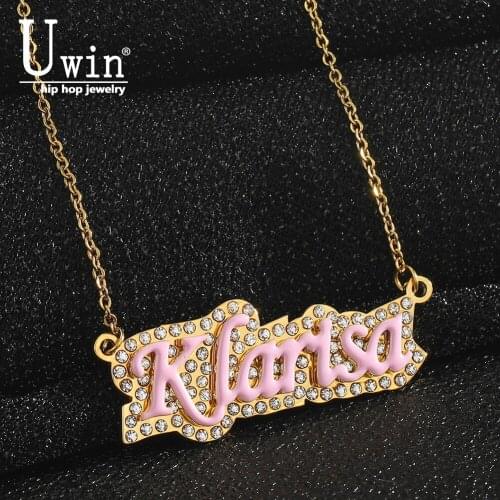 Uwin Name Necklace Stainless Steel Rhinestone Enamel Pendant Personalized Custom Color Pink White Bule Chain Gift