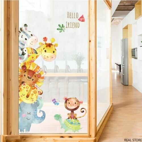 Funny Animals Friends Party Wall Stickers for Kids Room Nursery Bedroom Cartoon Wallpaper Art Murals Door Glass Door Sticker