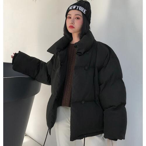 Korean Style 2019 Winter Jacket Women Stand Collar Breasted Buttons Padded Female Coat Outwear Oversize Loose Short Parka