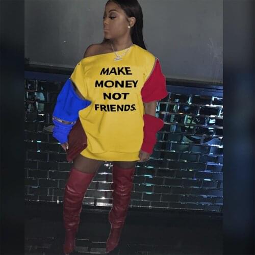 New Women Fall Summer Zipper Cut Out Patchwork Make Money Not Friends Off Shoulder Sweatshirt Active Pullover Hoodies
