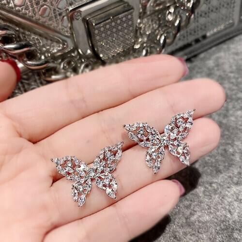 Simple Butterfly 925 Sterling Silver Luxury Earring for Engagement Women Hollow Bling Zircon Ear Stud Party Jewelry Gifts