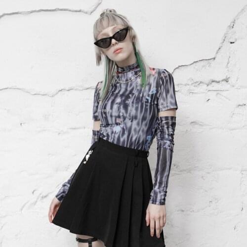 PUNKRAVE Womens Gothic Daily High Neck Elastic Mesh Print Top Simple Atmosphere Removable Sleeves Casual Base T-Shirt