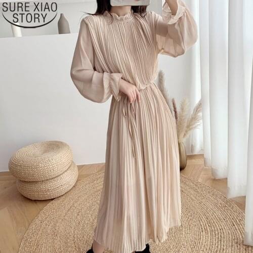Party Dresses Plus Size M-4XL 2021 Spring Elegant Pleated Chiffon Dress Women Stand Collar High Waist Loose Vestidos 12536