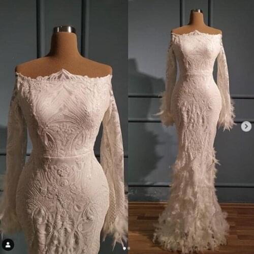 Off the shoulder lace long sleeves prom dresses feather mermaid evening gowns saudi arabia dubai robe de soiree