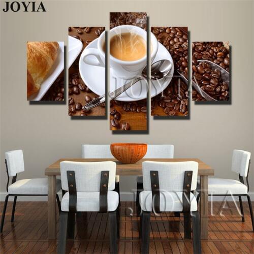5 Piece Canvas Art Steaming Coffee Cup Pictures For Wall Living Room Kitchen Food Prints Painting Set Dining Hall Decor No Frame