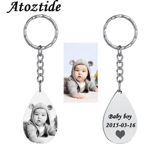 Atoztide Waterdrop Key Chain For Family Stainless Steel Engrave Photos Mouse Deer Keychain Christmas
