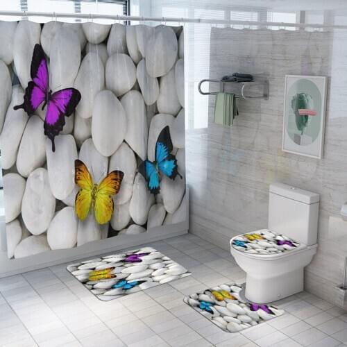 Color Butterfly Stone Printing Toilet Floor Mat set Shower Curtain 4-piece Toilet Seat Cover Bathroom Anti Slip Mat Set