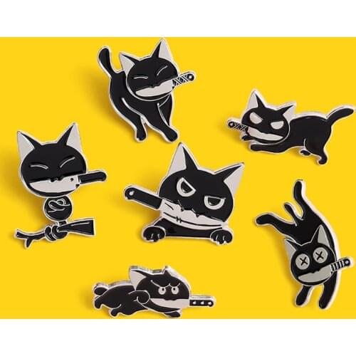 Black Cats Enamel ninja cats Pins Kung Fu Knife cats Brooches Badges Fashion Animal Pins Gifts for Friends Jewelry Wholesale