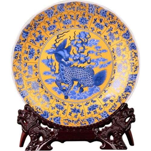Fengshui Royal Art Ceramic Ornamental Plate Dragons Plate Decoration Plate Wood Base Chicken Porcelain Plate Set Wedding Gift