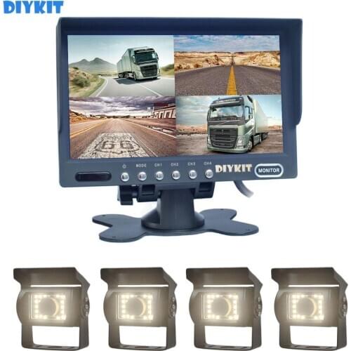 DIYKIT 7" 4 Split QUAD Backup Rear View Car Monitor + Waterproof LED Reversing Rear View Camera for Truck Bus