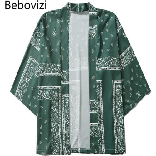 Bebovizi Green Cashew Flowers Print Kimono Men Women Japanese Style Traditional Cardigan Yukata Streetwear Haori Clothes