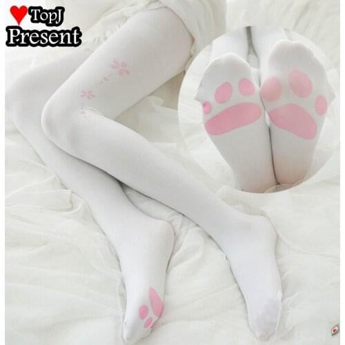 Velvet Medias Kawaii Cat Paw Printed Thigh High Stockings Anime Cosplay Hosiery Women Girls Sweet Sexy Tights