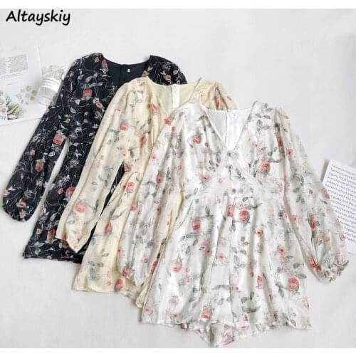 Rompers Women Soft Chiffon Printed High Waist Wide Leg Ladies Summer Colorful V-neck Puff Sleeve Clothing All-match Holiday Thin