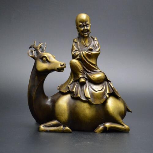8" Chinese Bronze Buddhism God Of Longevity Star Ride Deer Statue Incense Burner