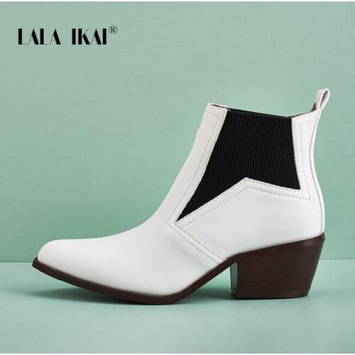 LALA IKAI Women Pointed Ankle Boots Mid Boot Splicing PU Slip On Non-slip Fashion Riding Boots Female 2020 Autumn Winter 10305-4