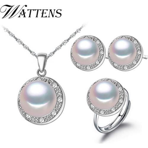 WATTENS New Fashion natural Pearl set, jewelry sets pearl pendant necklace ring earrings for women , wedding party jewelry,Love