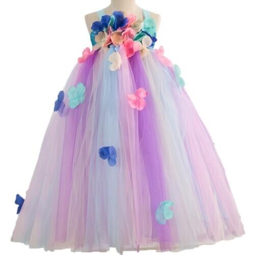 New Children Flower Petal Party Tutu Dress Long Flower Girls Wedding Dresses Photography Grinch Christmas Elegant Kids Clothes