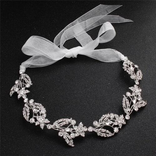 OKILY Silver Color Elegant Wedding Hairbands with Ribbon Bride Hair Jewelry Rhinestone Women Headpiece Jewelry Accessories
