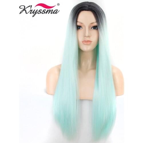 Kryssma Mint Green Wig Long Ombre Dark Roots Synthetic Wig Silky Straight Glueless Wigs for Women Machine Made Heat Resistant