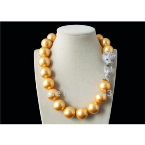 Stunning 14mm round pearl gold yellow shell pearl inlay zircon leopard head LUXURY necklace 20Inch longer 50CM