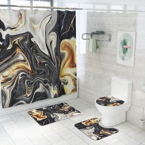 Nordic Style Luxury Black Gold Stone Pattern Printing Bathroom Decoration Set, Shower Curtain, Floor Mat, Toilet Cover, Doormat