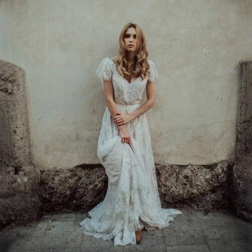 Boho Wedding Dress 2021 Double V Neck Short Sleeves Lace Beach Bridal Gowns Cheap Backless Custom Made A-Line Floor Length