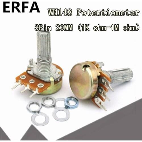 5pcs WH148 B1K B2K B5K B10K B20K B50K B100K B500K 3Pin 20mm Shaft Amplifier Dual Stereo Potentiometer 1K 2K 5K 10K 50K 100K 1M