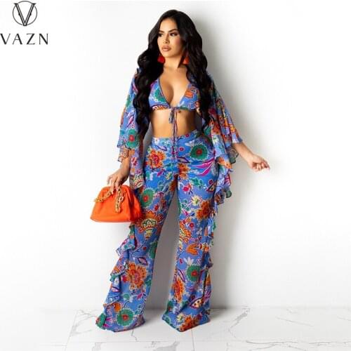 VAZN 2021 New Design Print Street Style Sexy Full Sleeve Loose Print 2 Piece Set Wide Leg 2pcs Set Women Top And Pant Summer