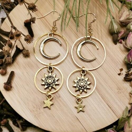 Sun and Moon Dangle Earrings Celestial Statement Punk Jewellery Goddess Accessories Gift for Fashion Aesthetic Witch Women Gift