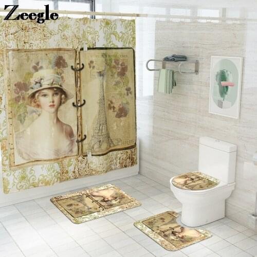 Zeegle Bathroom Carpet Set European-Style Shower Curtain Printing Bathroom Mat Waterproof Toilet Mat Set Non Slip Bath Mat