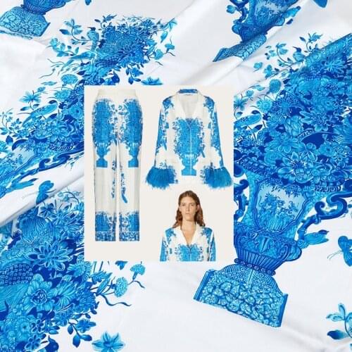 Summer European blue vase flower imitation silk stretch satin womens clothing fabric designer fabric cloth by the yard
