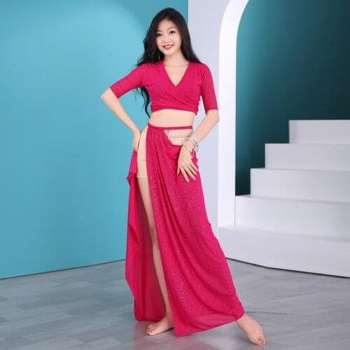 Belly Dance Practice Sequins V-Neck Top Split Long Skirt Woman Elegant Oriental Dance Performance Clothing