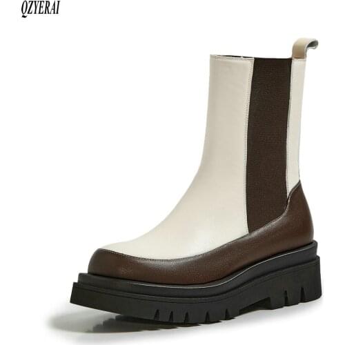 QZYERAI new arrival Genuine leather Womens boots Chelsea boots European style fashion cowhide Female boots Autumn winter shoes
