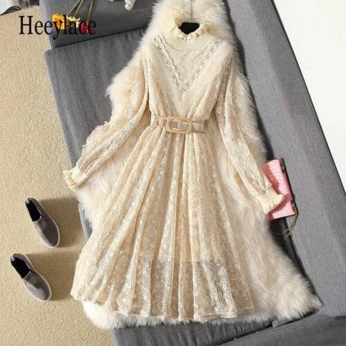 Women Autumn long Sleeve Turtleneck Lace Dresses For Women Korean Elegant High Waist A-line Mesh Vestidos De Fiesta 2021 Dresses