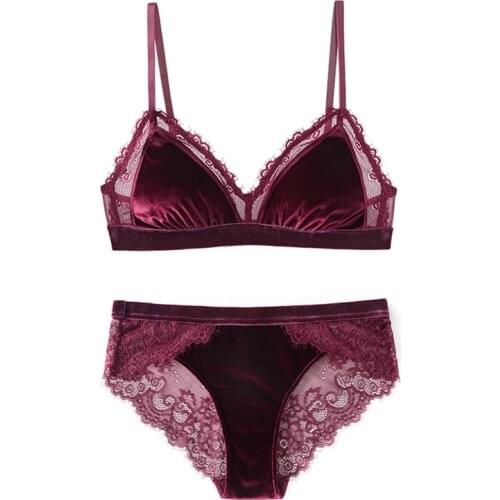 Triangle Cup Wireless Velvet Bra with Lace Bra Set Underwear with Removable Padded Sexy Lingerie Women Bralette Intimates