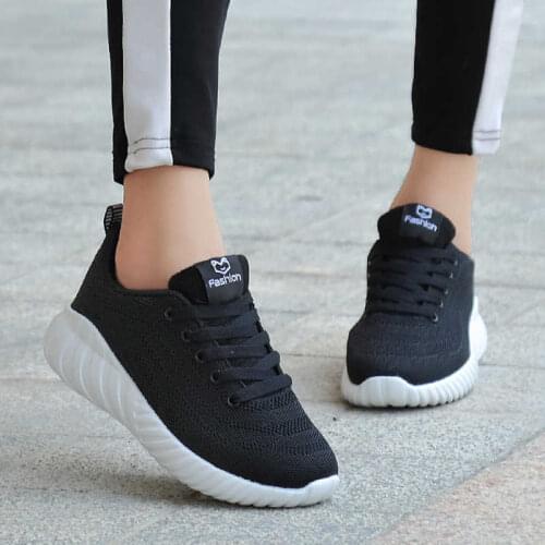Black Sport Shoes Women Fly Woven Breathable Mesh Sneakers Lace-up Light Running Shoes Antislip Gym Shoes Walking Shoes Trainers