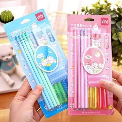 Deli Cartoon Pencil Stationery Set 10sets Pencil Grip Eraser Pencil Cap Bookmark School Supplies Kids Stationery Prizes Gift Set