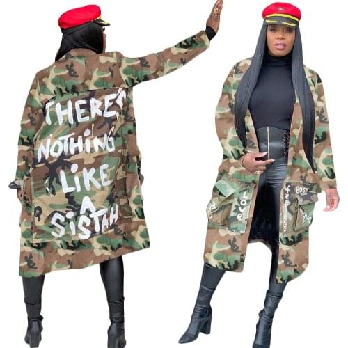 Camouflage Print Long Sleeve Long Cardigan Female Spring Fall Streetwear Camo Pattern Trench Army Green Cloak Coat Plus Size