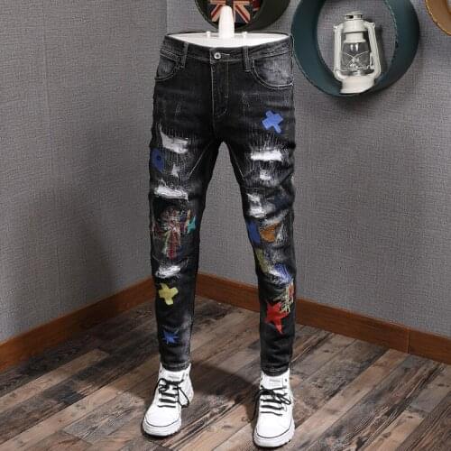European American Street Fashion Men Jeans Elastic Slim Fit Ripped Jeans Men Embroidery Patch Designer Hip Hop Denim Punk Pants