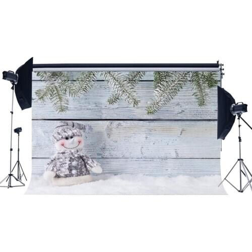 Photography Backdrop Christmas Snowman Pine Twigs Rustic Wood Plank Snow Winter Xmas Backdrops